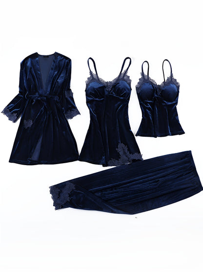 4 Pieces Velvet Padded Nightgown & Camisole & Pants & Long Sleeves Kimonos Loungewear Set
