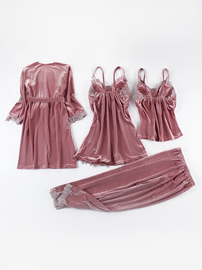 4 Pieces Velvet Padded Nightgown & Camisole & Pants & Long Sleeves Kimonos Loungewear Set