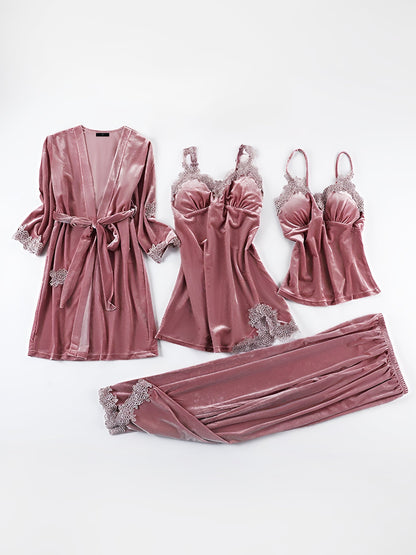 4 Pieces Velvet Padded Nightgown & Camisole & Pants & Long Sleeves Kimonos Loungewear Set