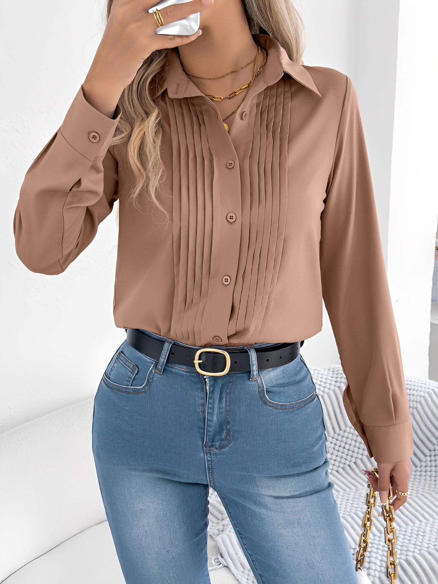 Pleated Solid Color Button Down Long Sleeve Shirt