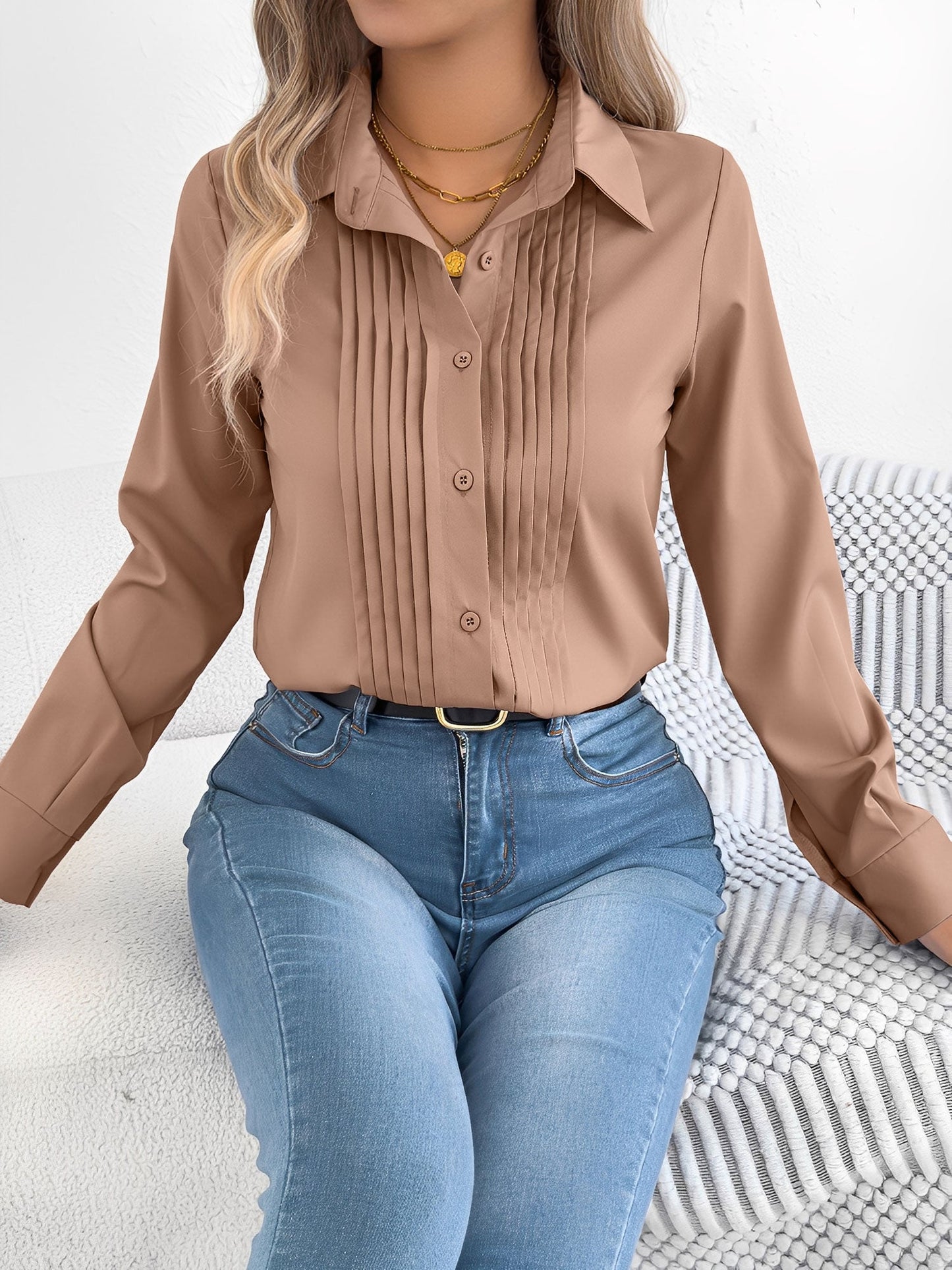 Pleated Solid Color Button Down Long Sleeve Shirt