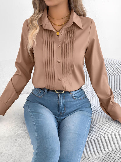 Pleated Solid Color Button Down Long Sleeve Shirt