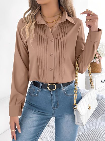 Pleated Solid Color Button Down Long Sleeve Shirt