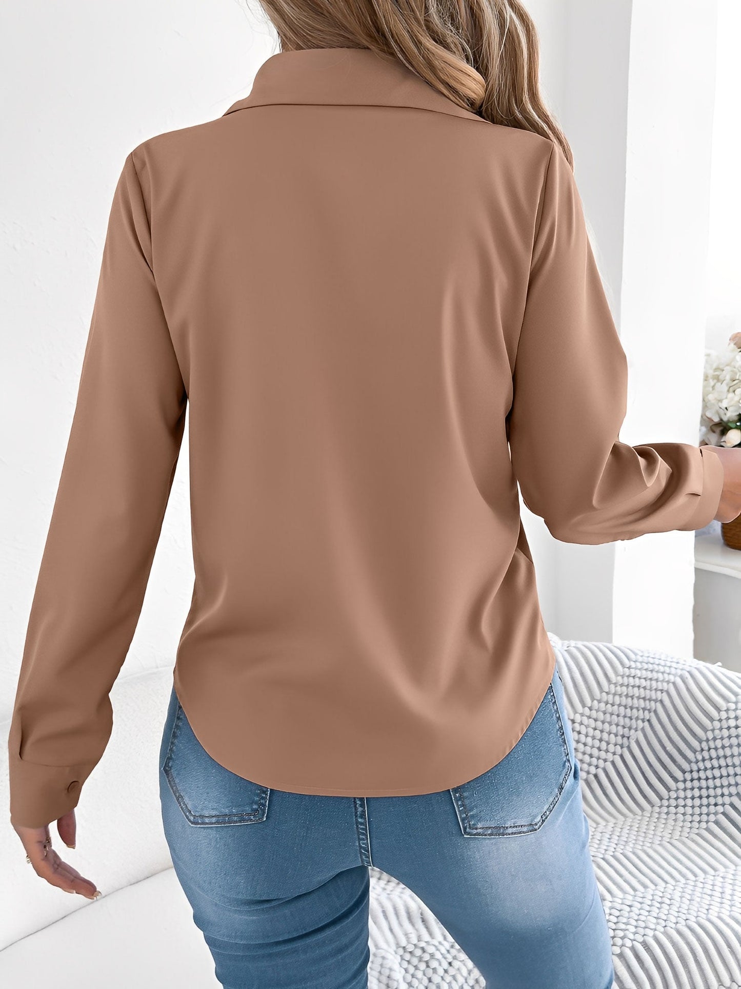 Pleated Solid Color Button Down Long Sleeve Shirt