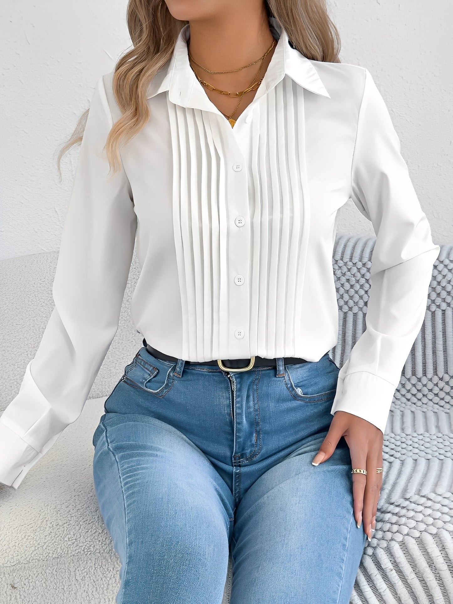 Pleated Solid Color Button Down Long Sleeve Shirt