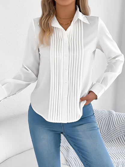 Pleated Solid Color Button Down Long Sleeve Shirt