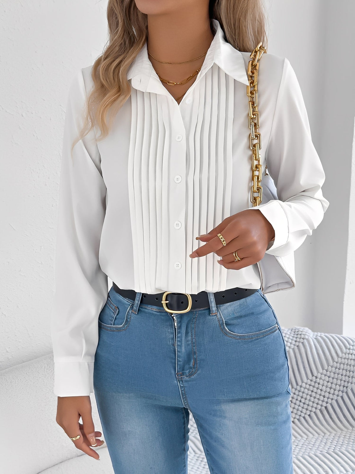 Pleated Solid Color Button Down Long Sleeve Shirt