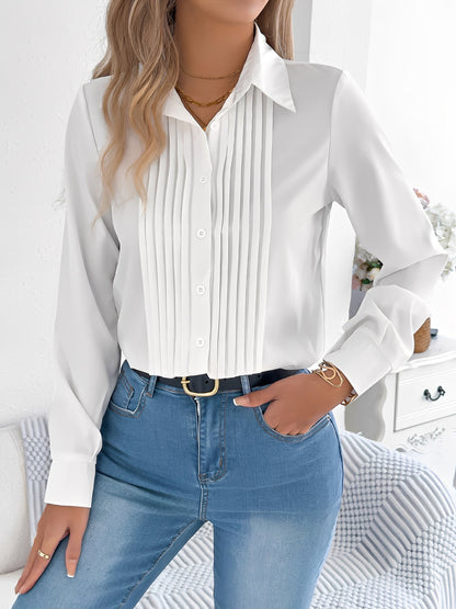 Pleated Solid Color Button Down Long Sleeve Shirt