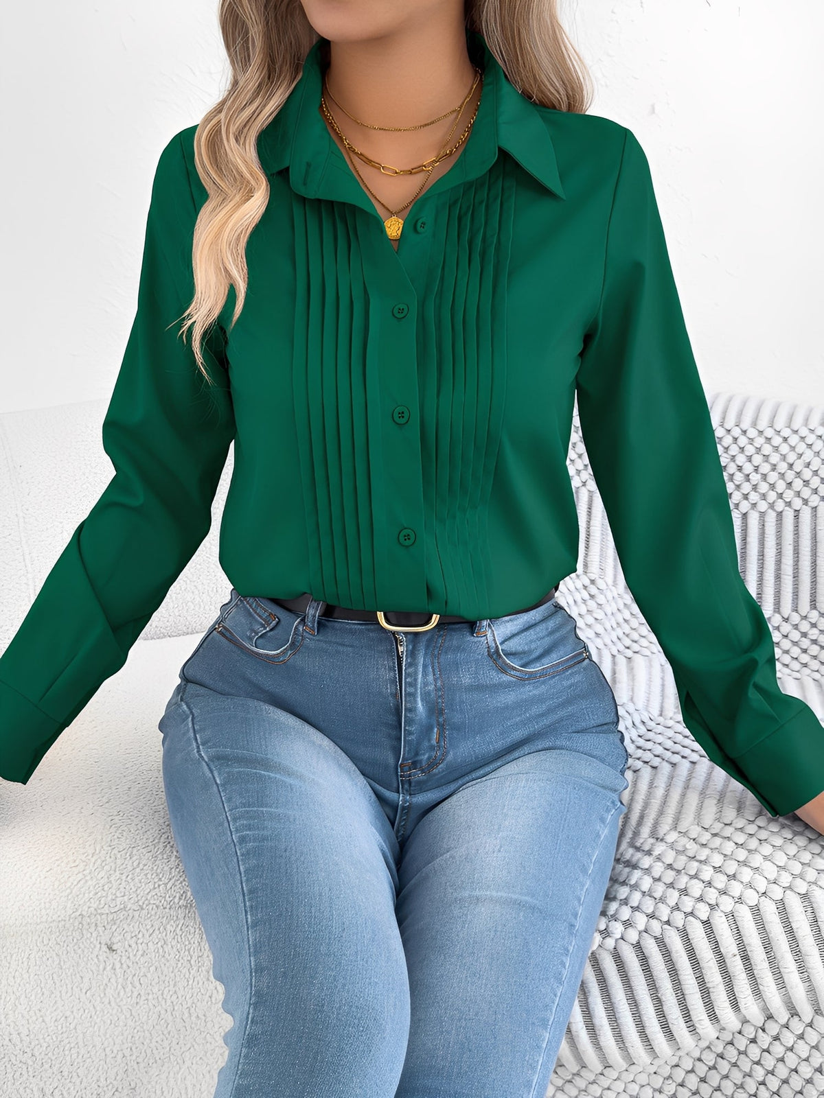 Pleated Solid Color Button Down Long Sleeve Shirt