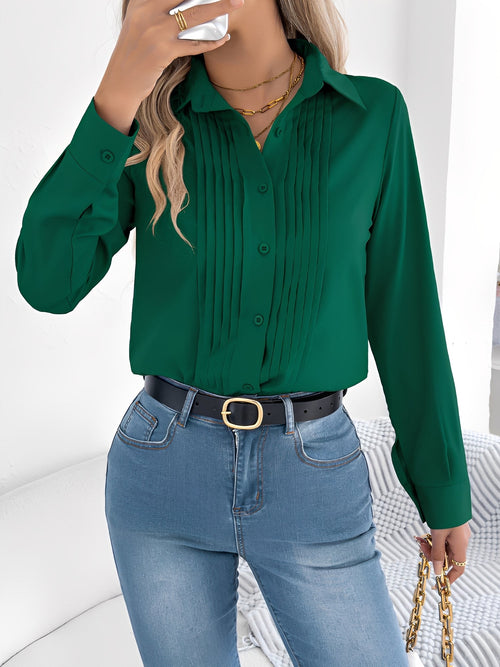 Pleated Solid Color Button Down Long Sleeve Shirt