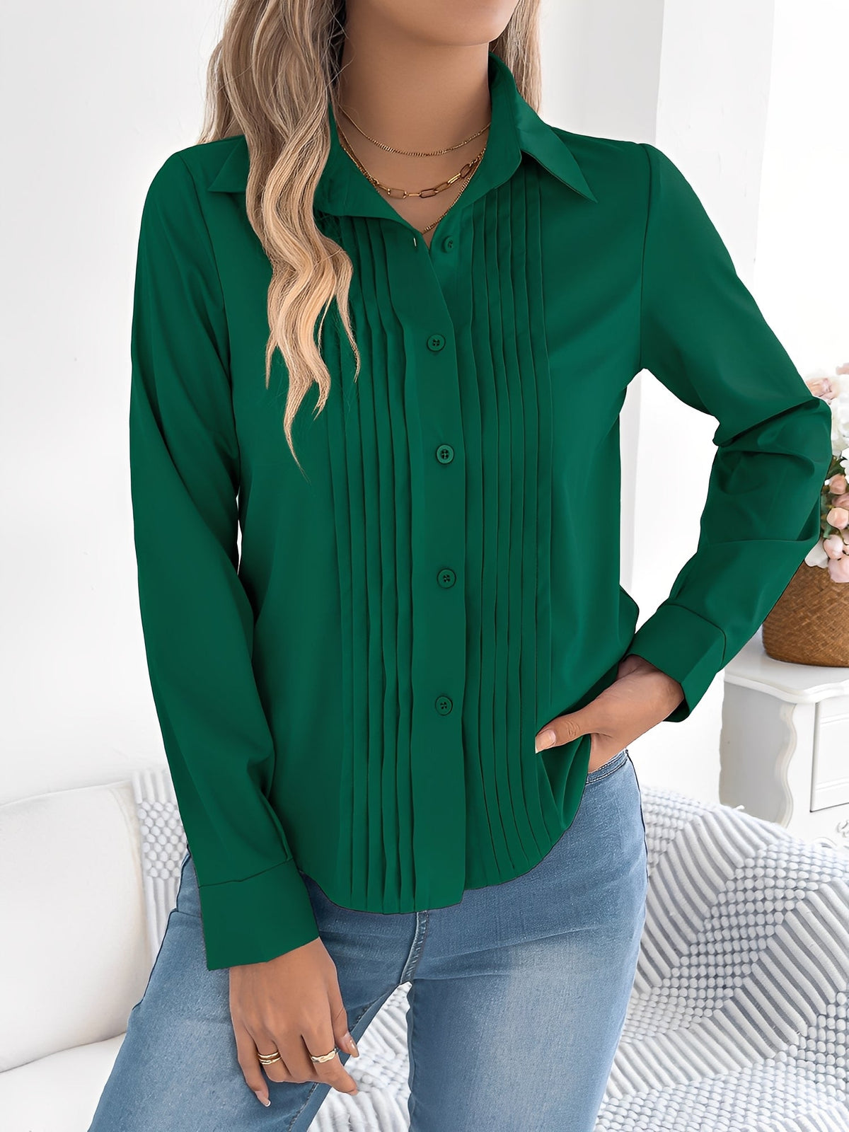 Pleated Solid Color Button Down Long Sleeve Shirt