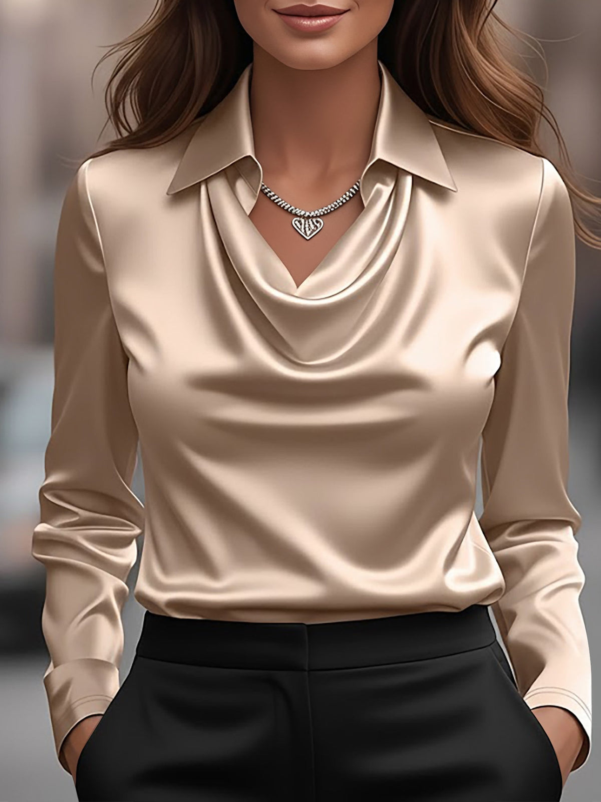 Collar Cowl Neck Long Sleeves Satin Blouse
