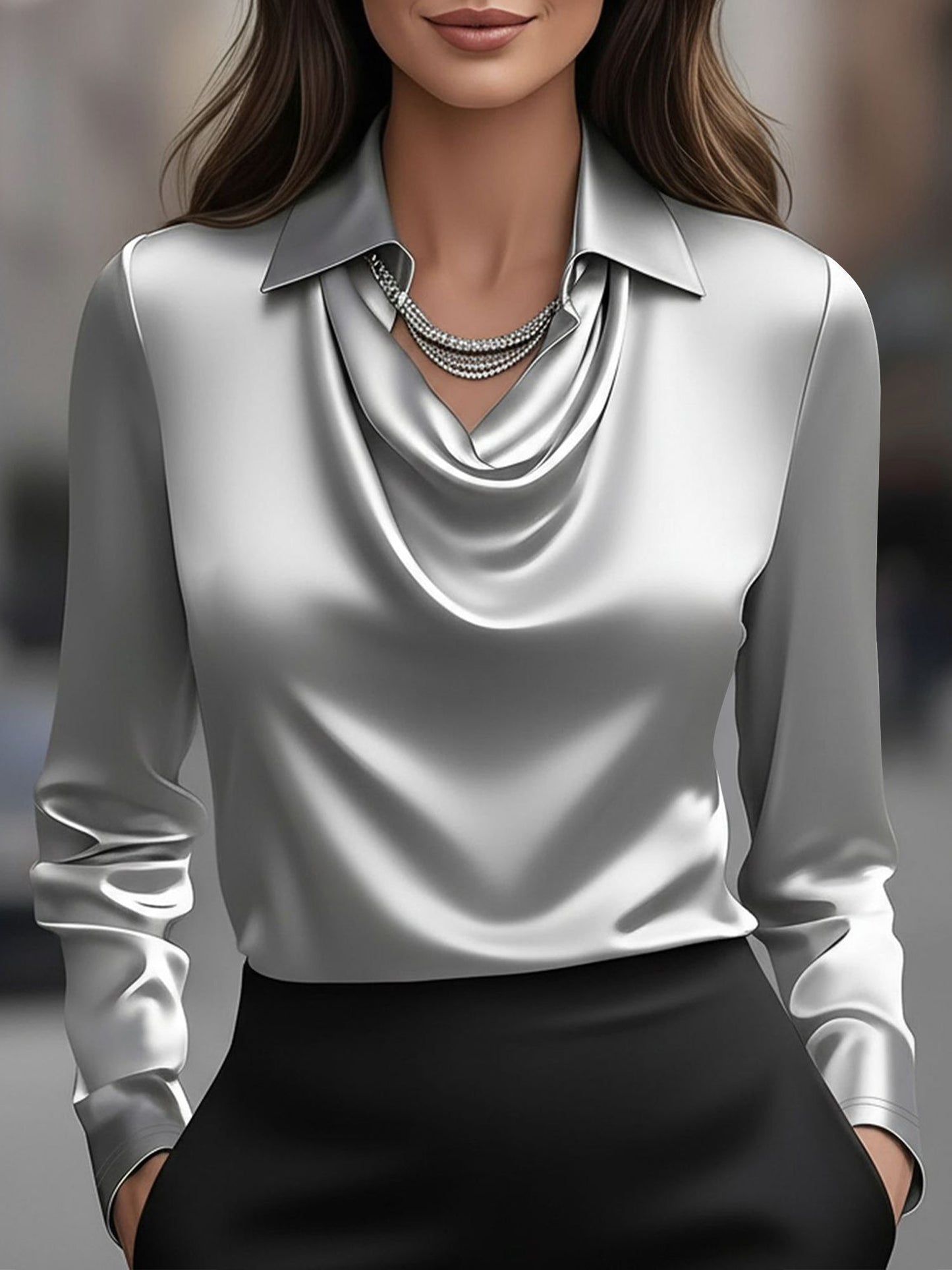 Collar Cowl Neck Long Sleeves Satin Blouse