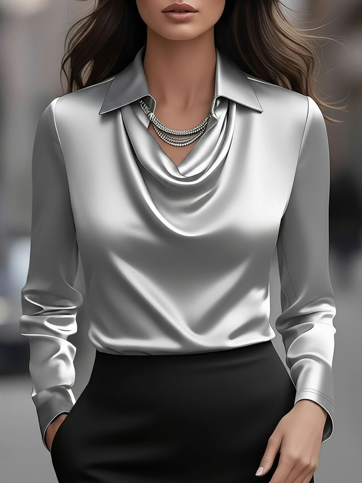 Collar Cowl Neck Long Sleeves Satin Blouse