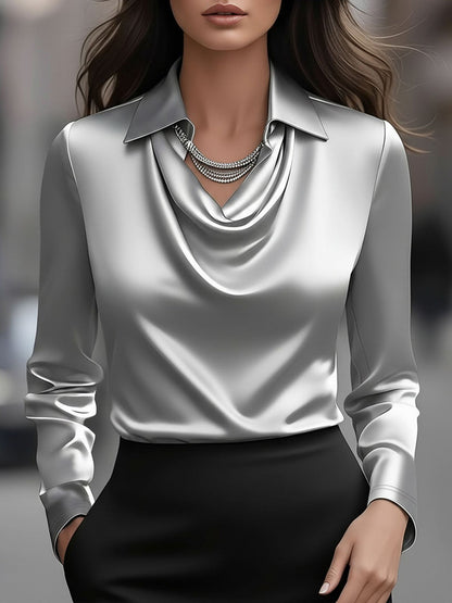 Collar Cowl Neck Long Sleeves Satin Blouse