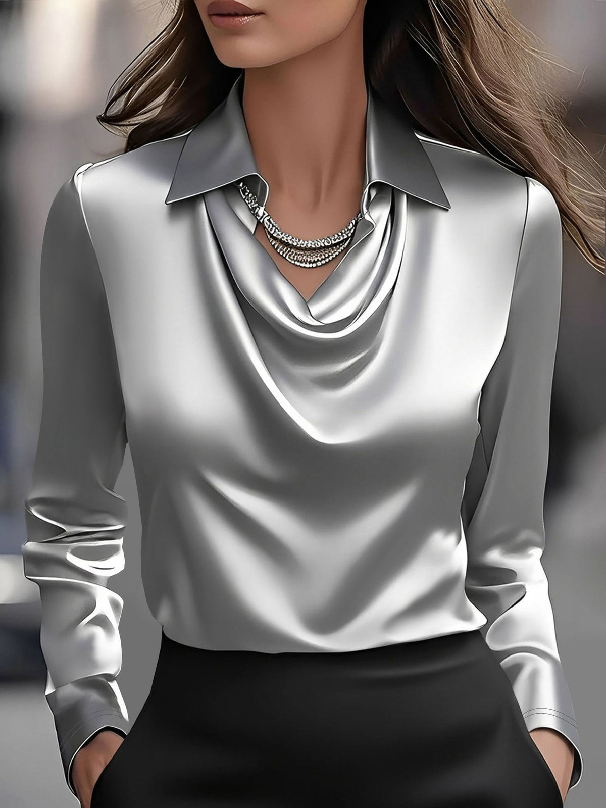 Collar Cowl Neck Long Sleeves Satin Blouse