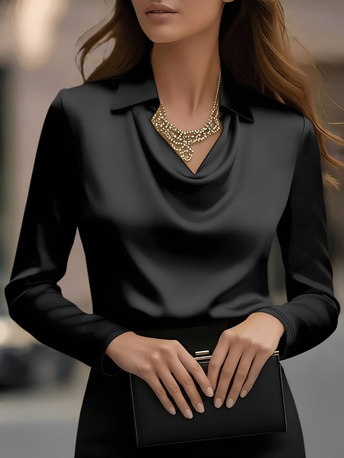 Collar Cowl Neck Long Sleeves Satin Blouse