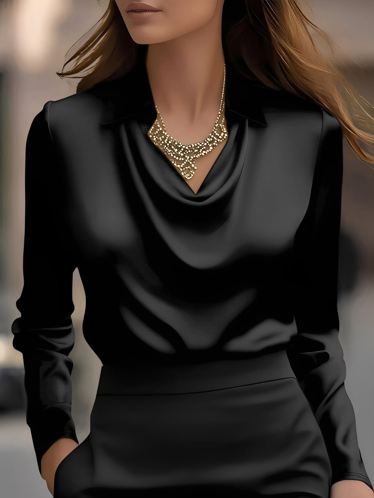 Collar Cowl Neck Long Sleeves Satin Blouse