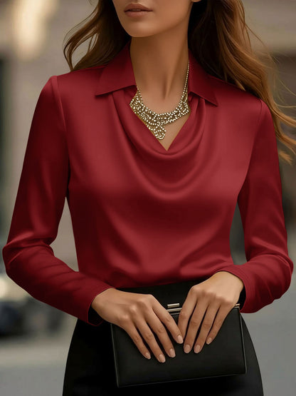 Collar Cowl Neck Long Sleeves Satin Blouse