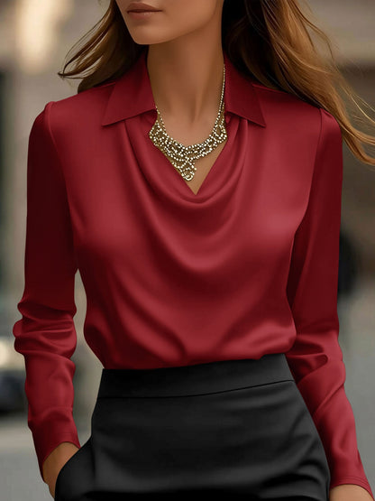 Collar Cowl Neck Long Sleeves Satin Blouse