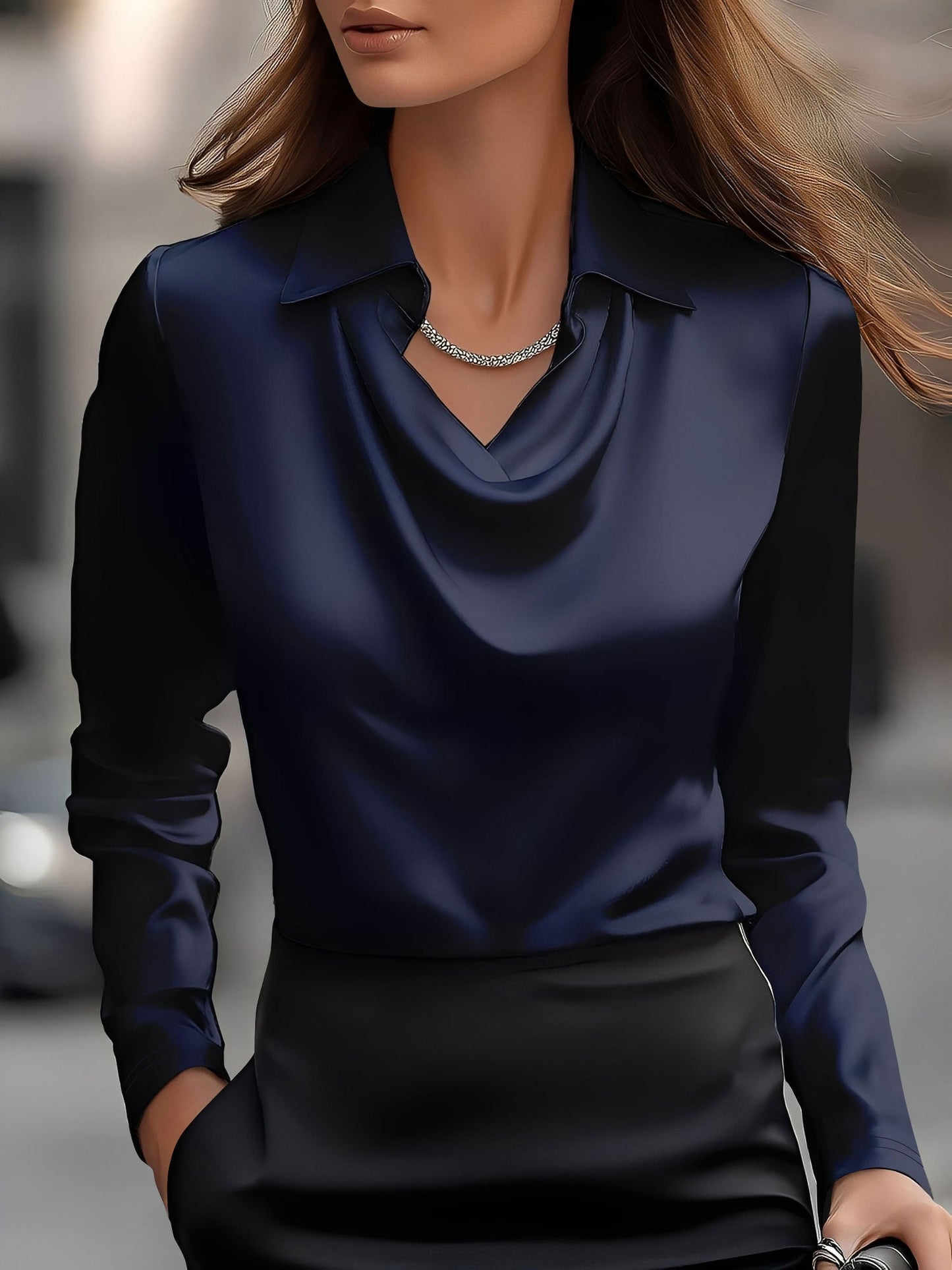 Collar Cowl Neck Long Sleeves Satin Blouse