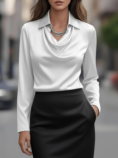 Collar Cowl Neck Long Sleeves Satin Blouse