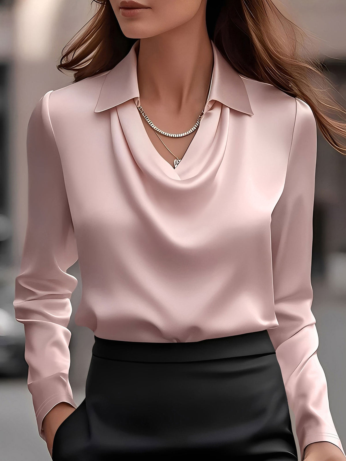 Collar Cowl Neck Long Sleeves Satin Blouse