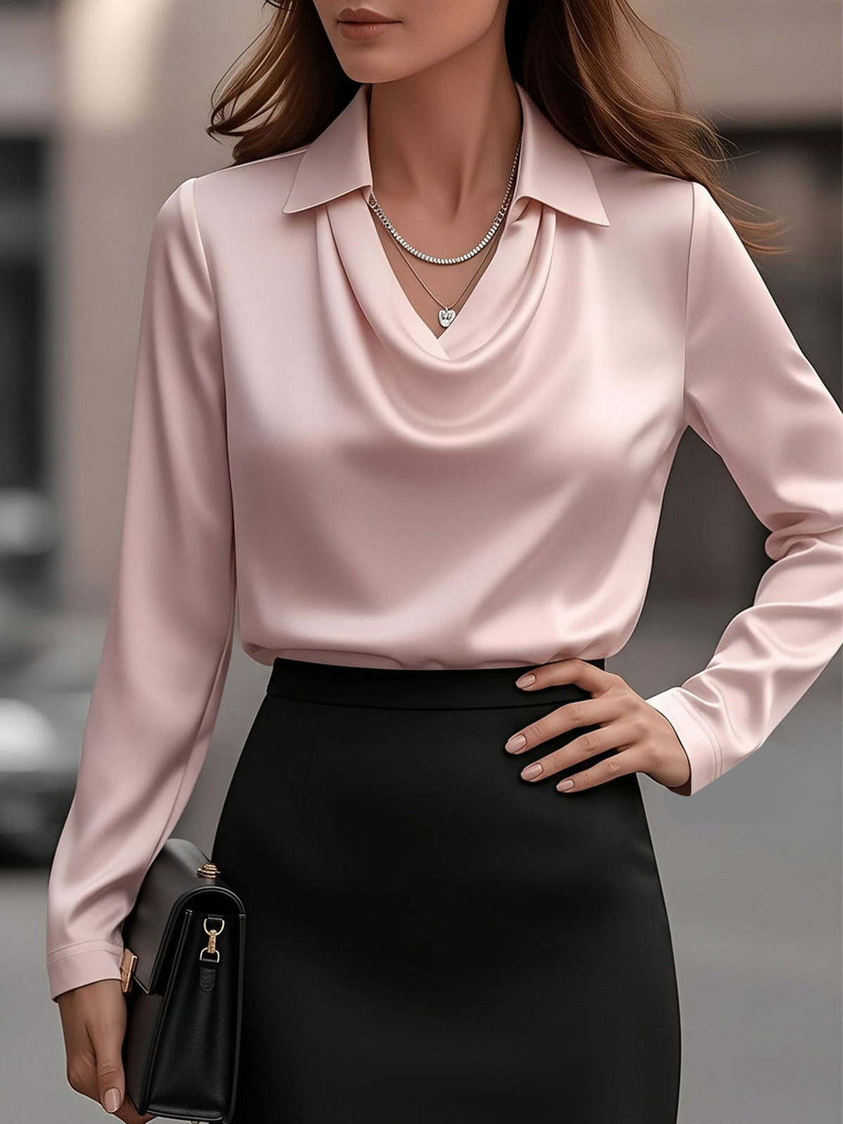 Collar Cowl Neck Long Sleeves Satin Blouse