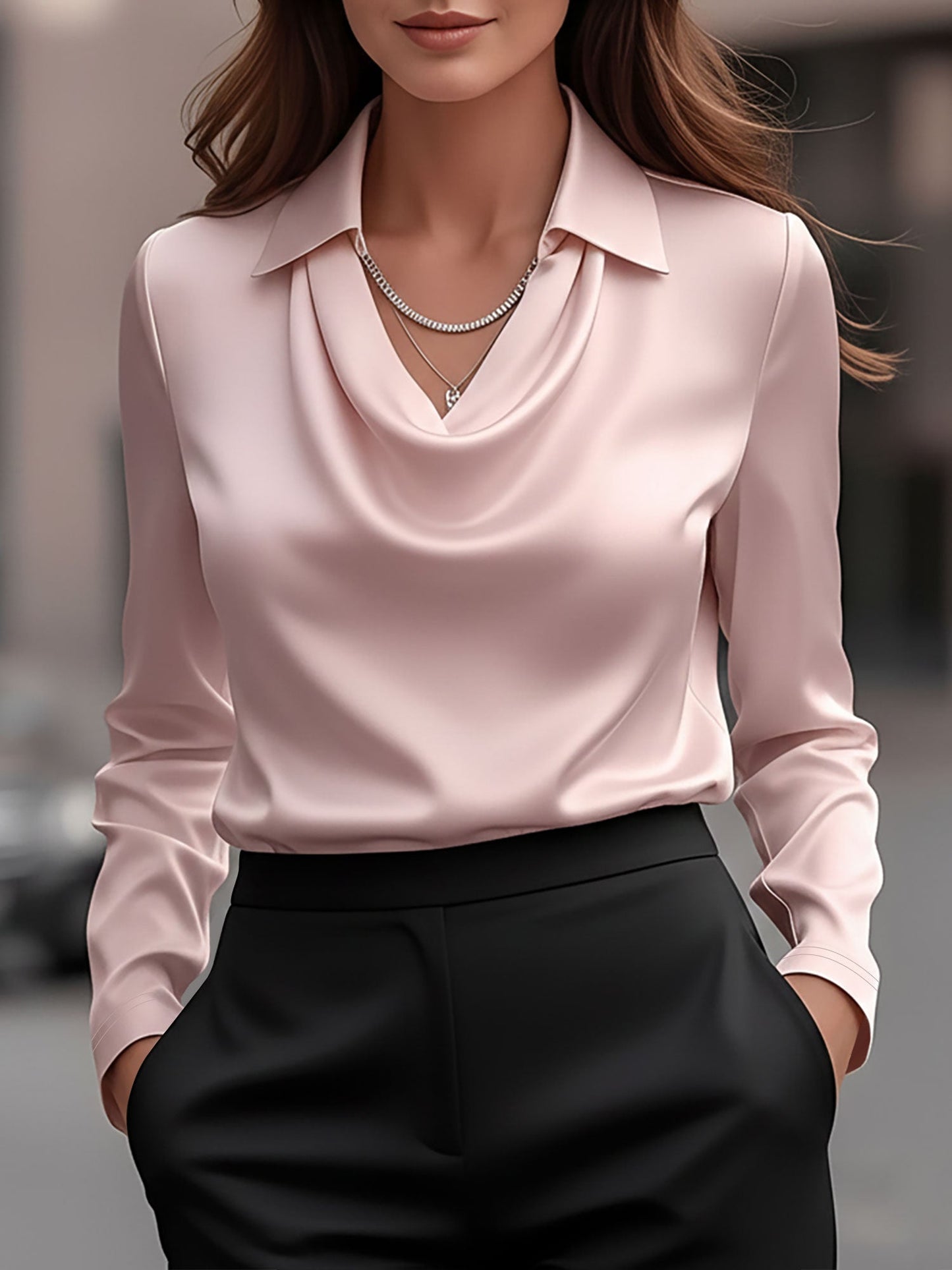 Collar Cowl Neck Long Sleeves Satin Blouse