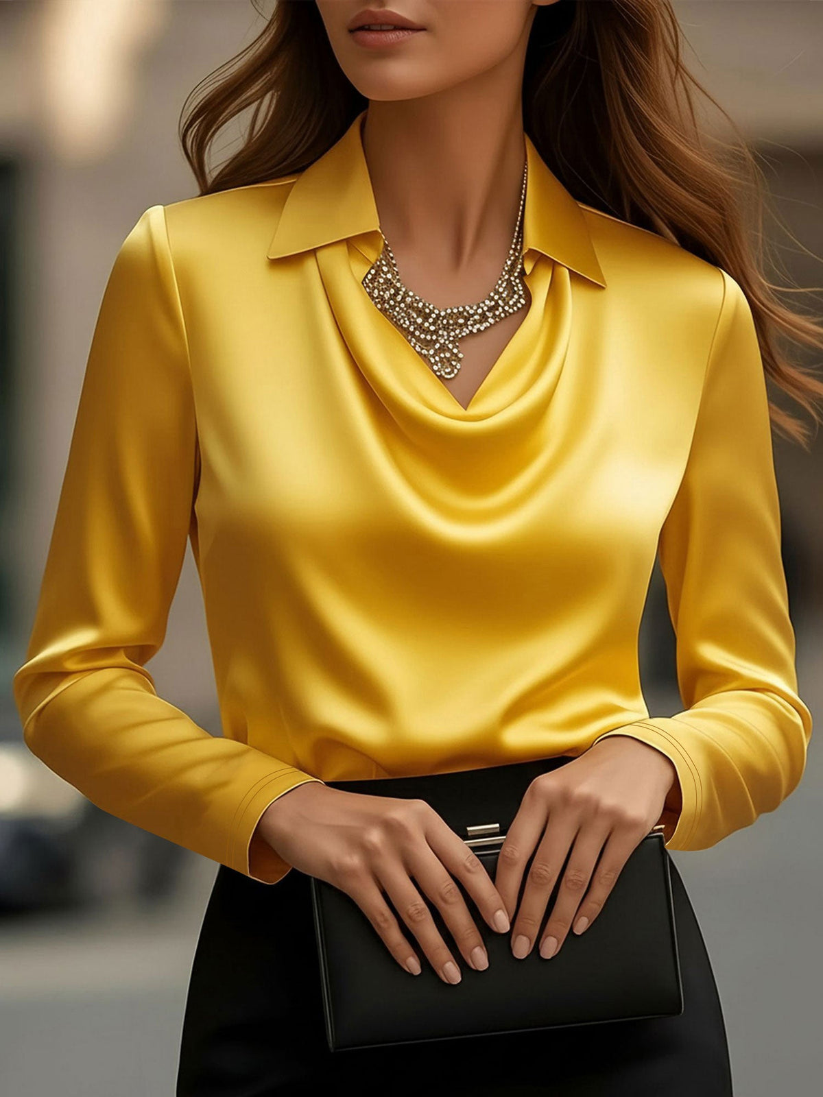 Collar Cowl Neck Long Sleeves Satin Blouse