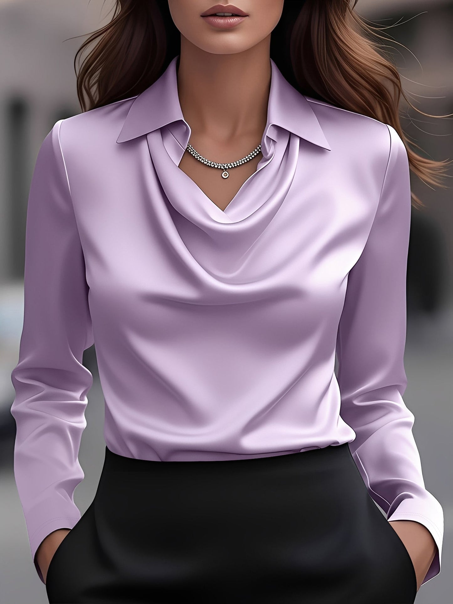 Collar Cowl Neck Long Sleeves Satin Blouse
