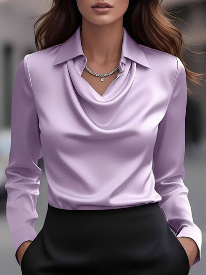 Collar Cowl Neck Long Sleeves Satin Blouse