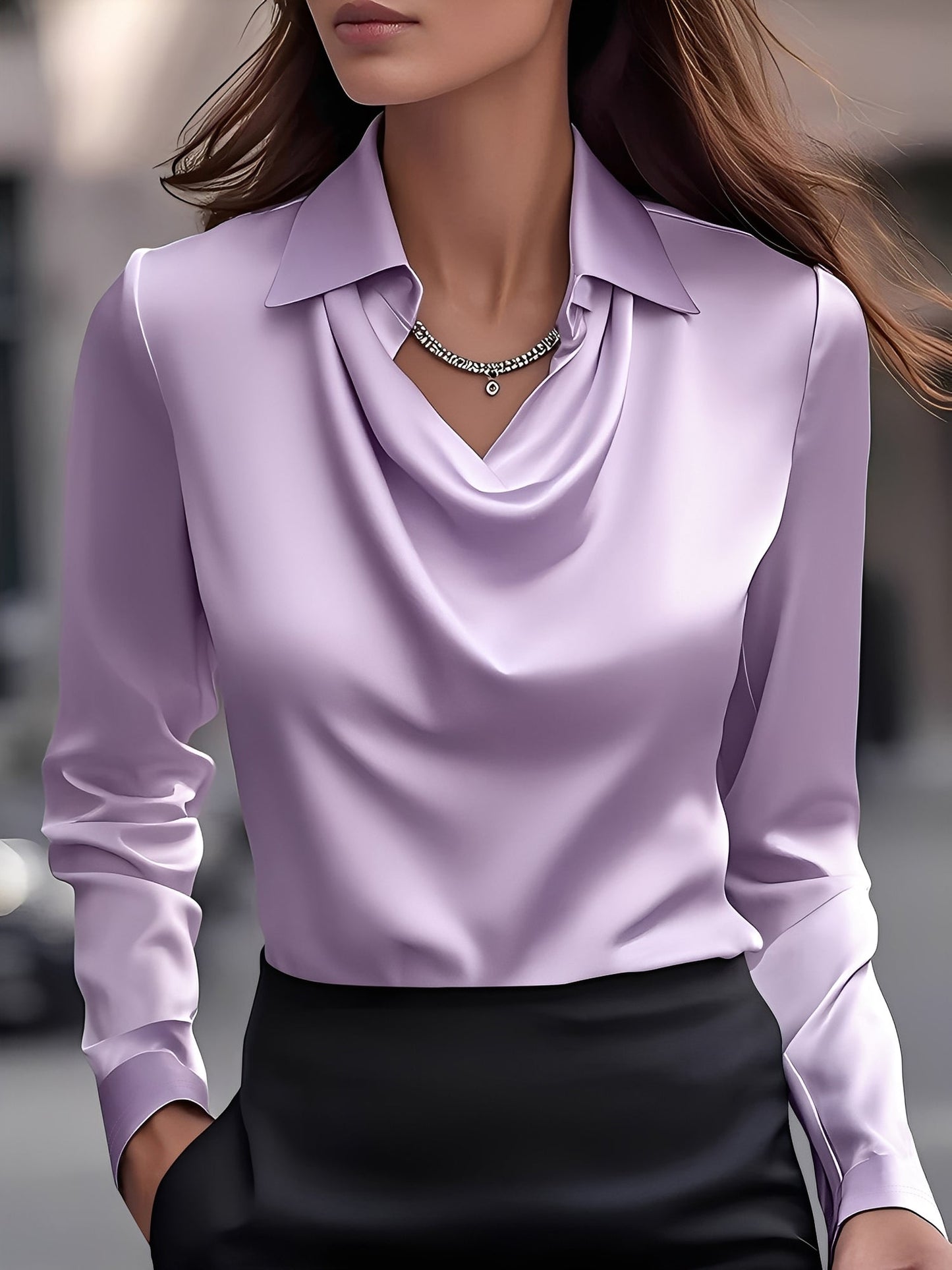 Collar Cowl Neck Long Sleeves Satin Blouse