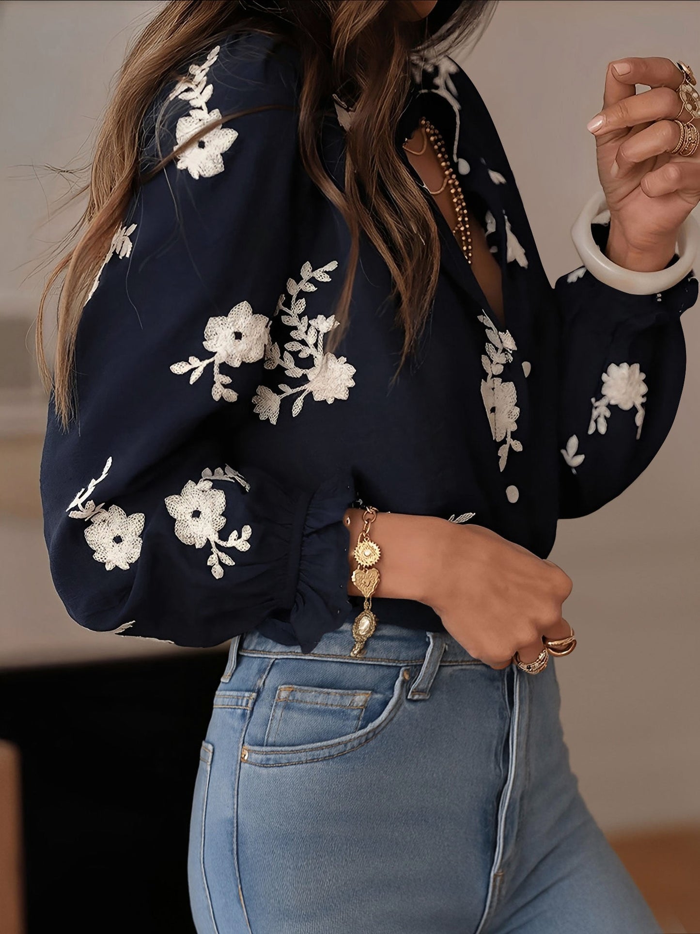 Ruffled Floral Embroidered Long Sleeves Blouse
