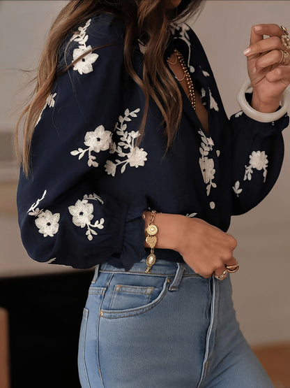 Ruffled Floral Embroidered Long Sleeves Blouse