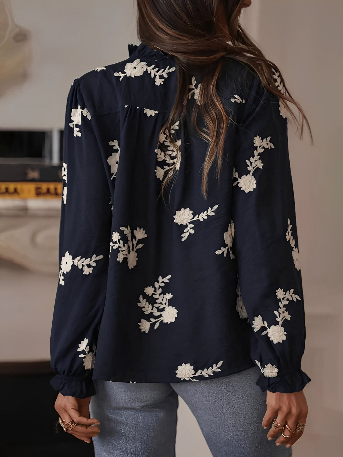 Ruffled Floral Embroidered Long Sleeves Blouse