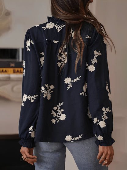 Ruffled Floral Embroidered Long Sleeves Blouse