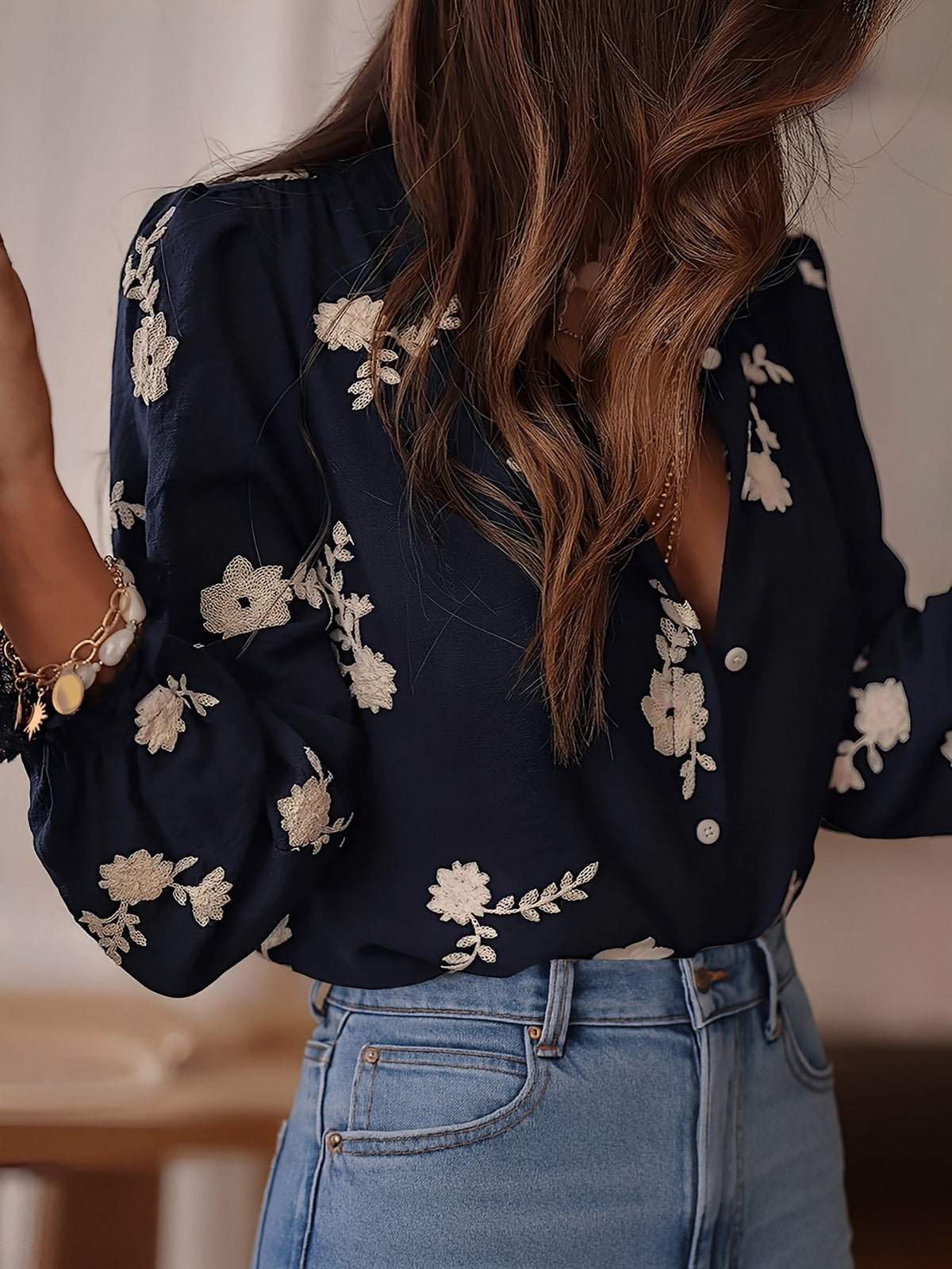Ruffled Floral Embroidered Long Sleeves Blouse