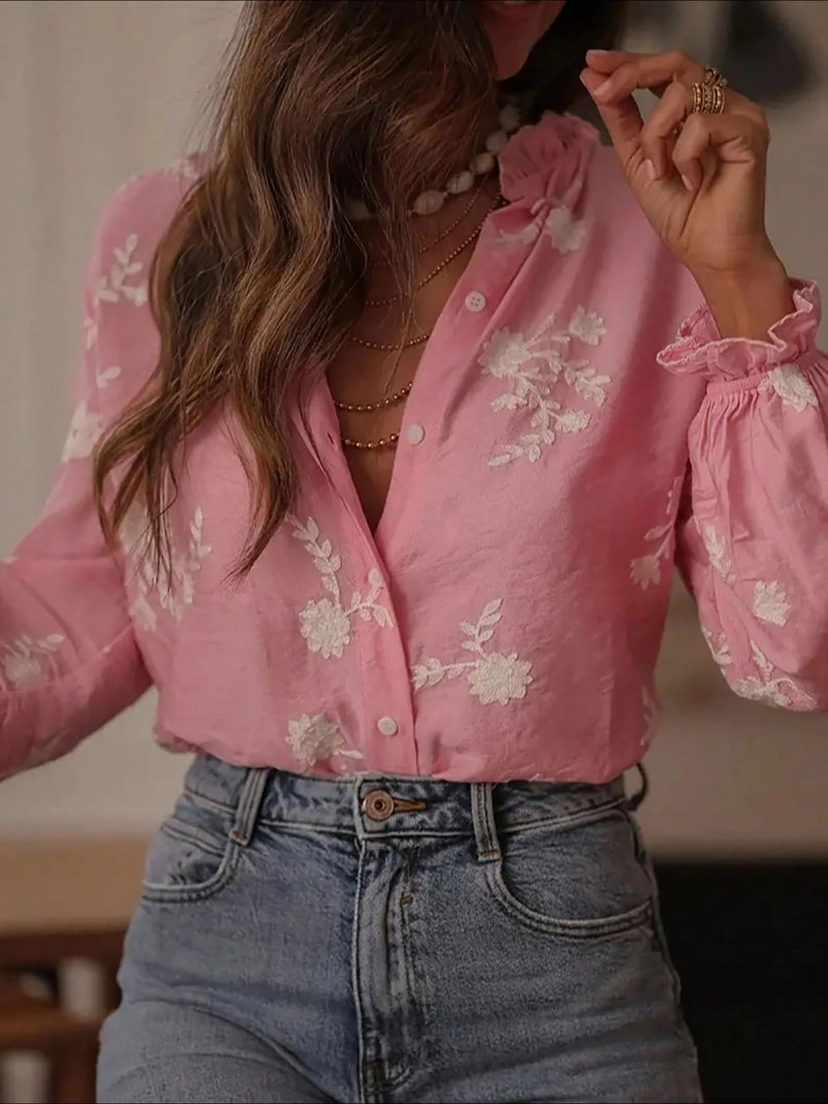 Ruffled Floral Embroidered Long Sleeves Blouse