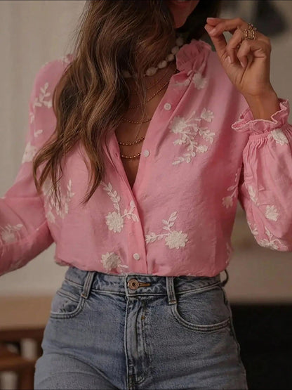Ruffled Floral Embroidered Long Sleeves Blouse