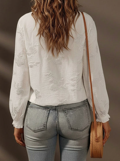 Ruffled Floral Embroidered Long Sleeves Blouse