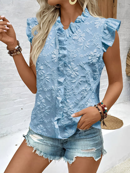 Ruffled Cap Sleeves Floral Jacquard Blouse