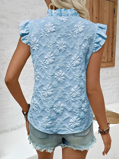 Ruffled Cap Sleeves Floral Jacquard Blouse