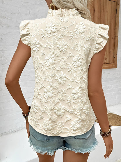 Ruffled Cap Sleeves Floral Jacquard Blouse