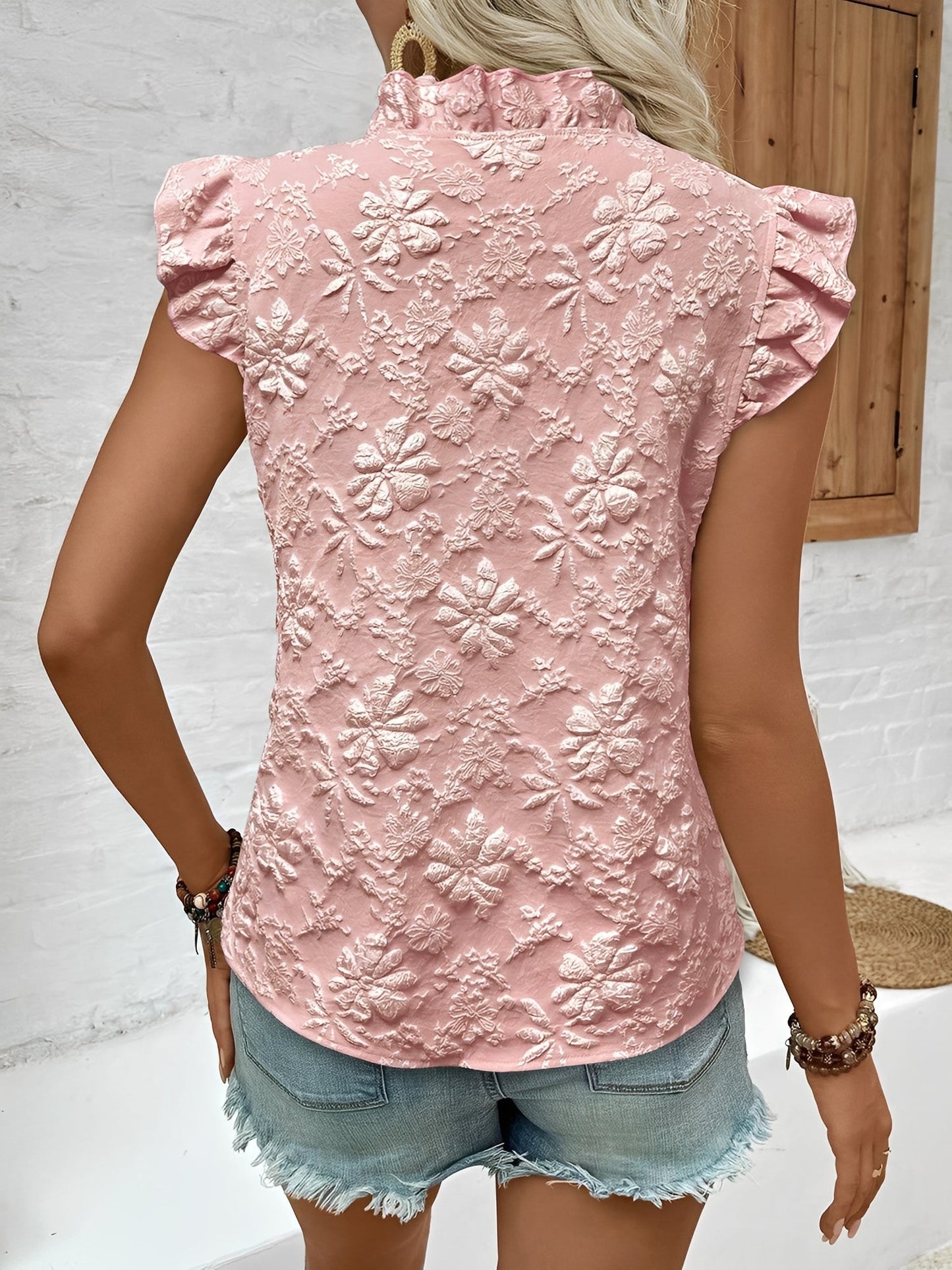 Ruffled Cap Sleeves Floral Jacquard Blouse