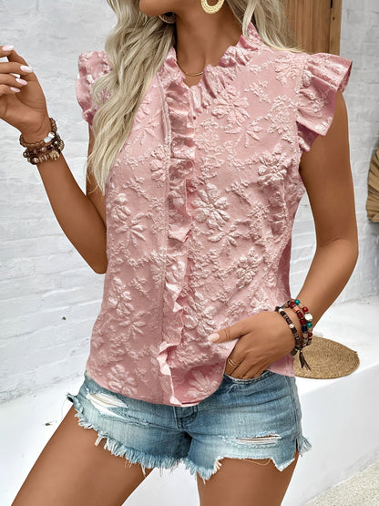 Ruffled Cap Sleeves Floral Jacquard Blouse