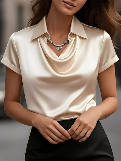 Collared Cowl Neck Short Sleeves Satin Blouse