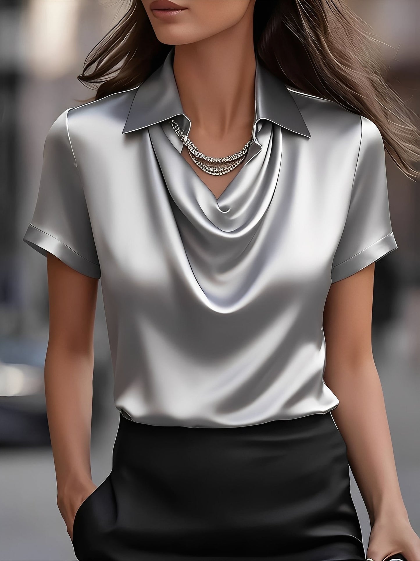 Collared Cowl Neck Short Sleeves Satin Blouse