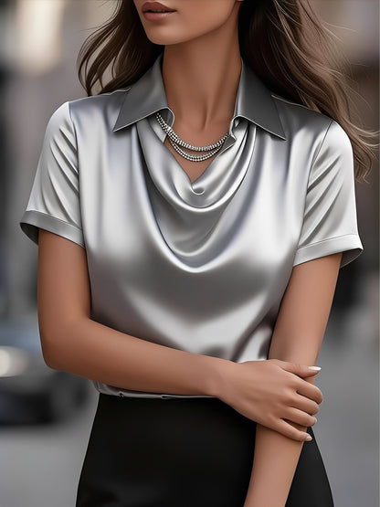 Collared Cowl Neck Short Sleeves Satin Blouse