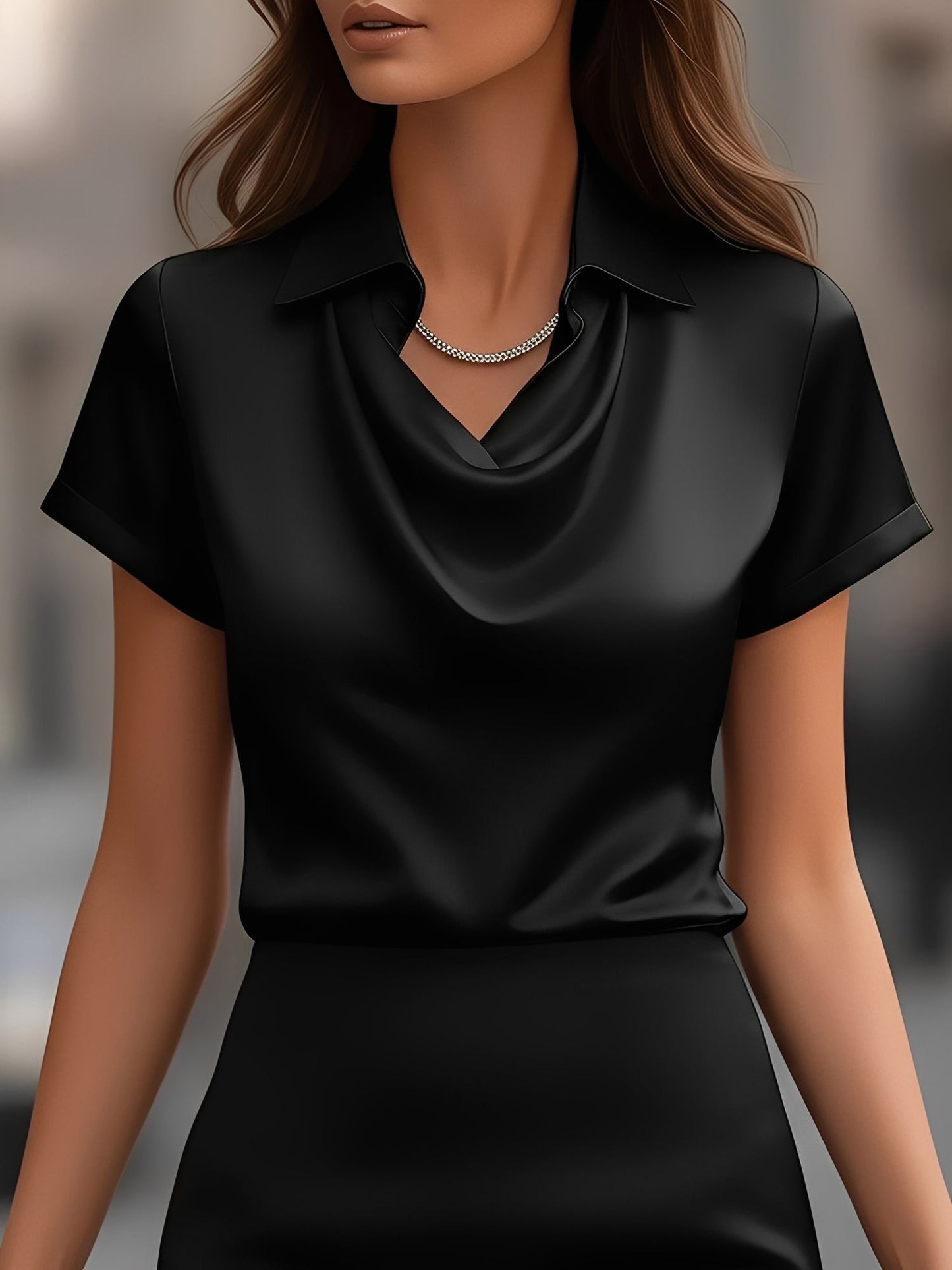 Collared Cowl Neck Short Sleeves Satin Blouse